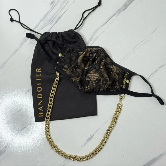 NWOT Bandolier Lace Sophie Face Mask Gold Chain Black Beige Adjustable Ear Loops - Picture 2 of 11